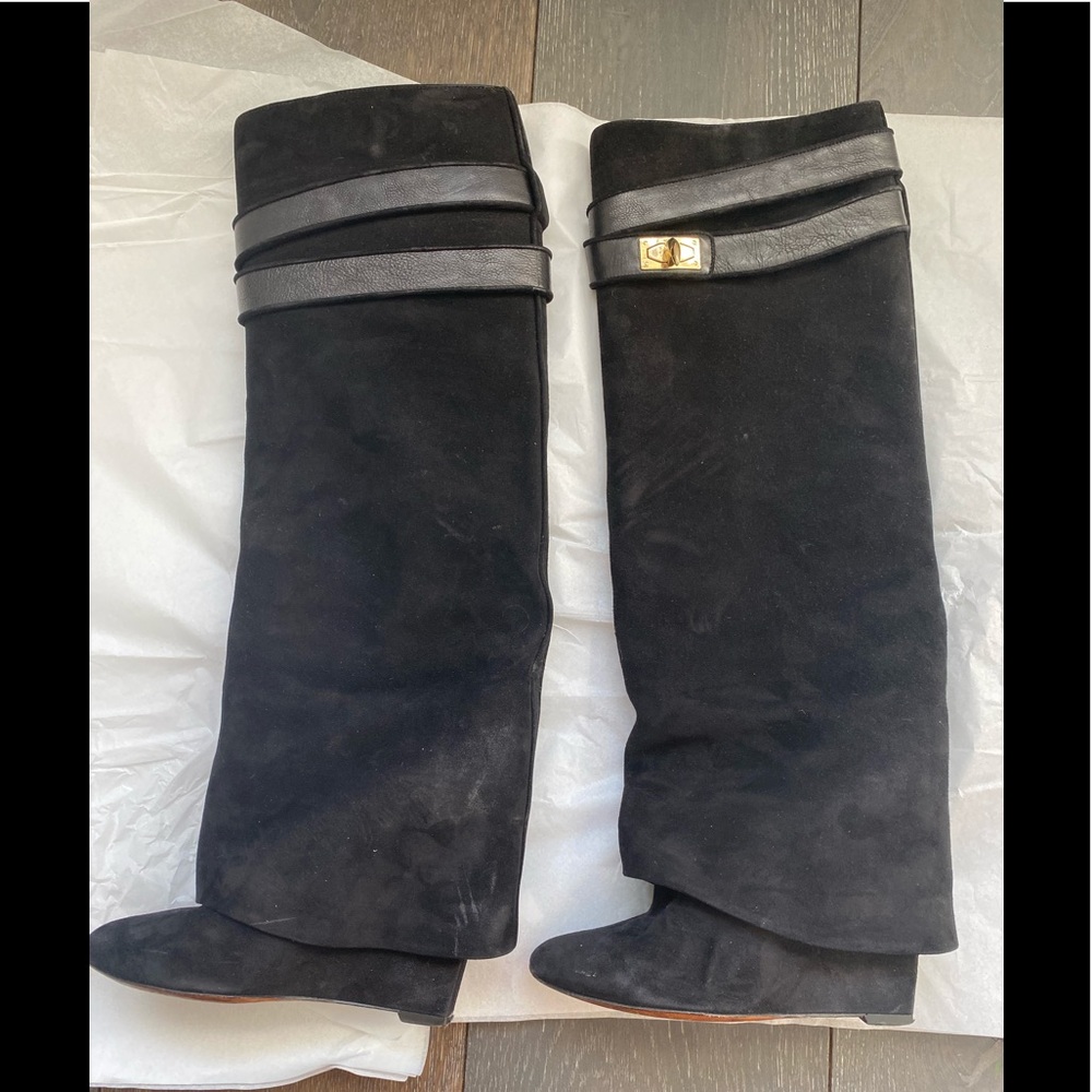 Givenchy Shark Lock boots in black suede, gold hardware, Size 36